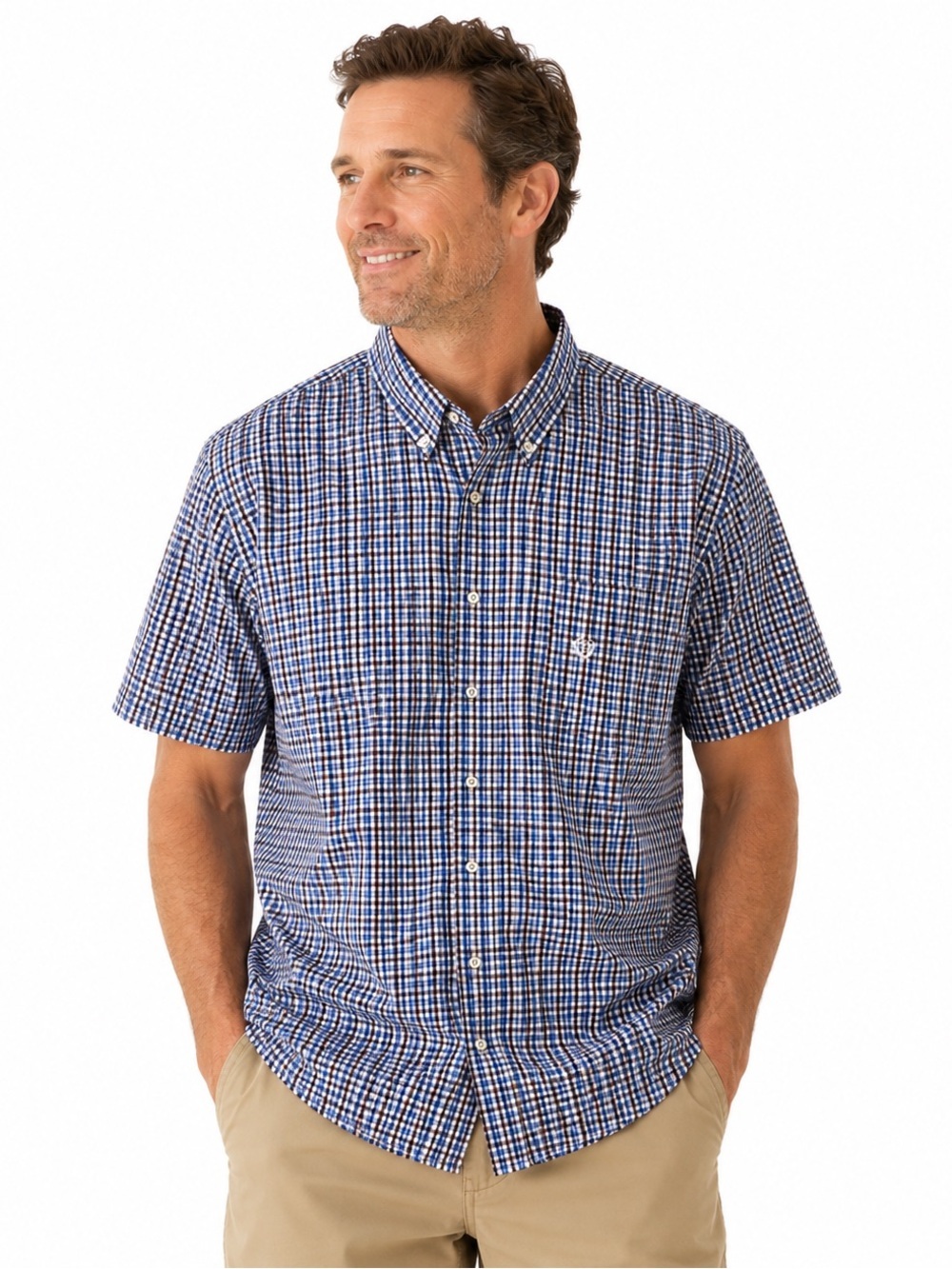 Chaps Men’s XXL Blue Check Button Down Shirt Short Sleeve Easy Care Cotton Blend